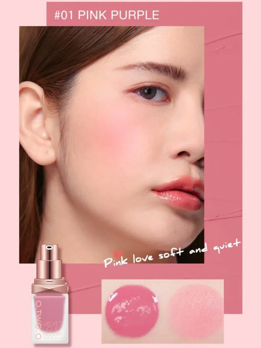 O.TWO.O Velvet Liquid Blush 01 Pink Purple, Long-Lasting Dewy Cheek Color
